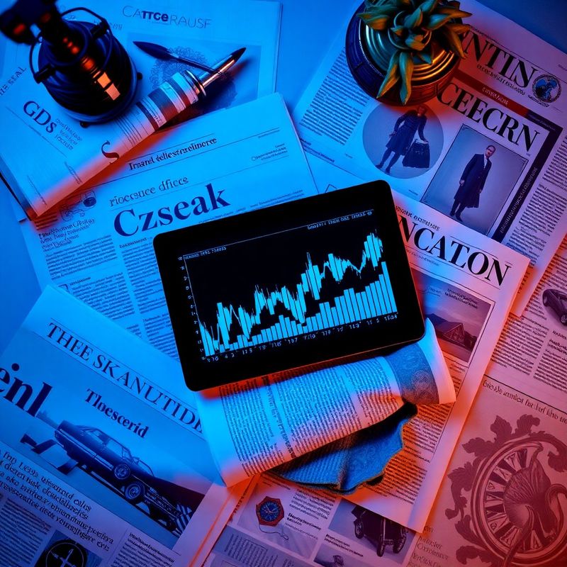 Editoriální flat-lay novin a notebooku s daty
