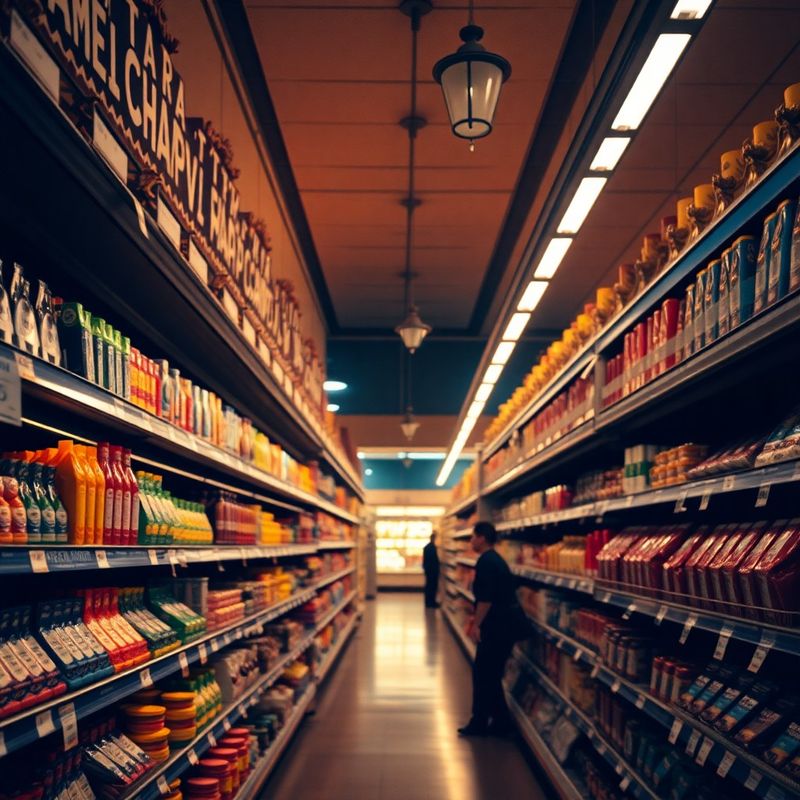 Ulička supermarketu s cenovkami, chladné indigové stíny