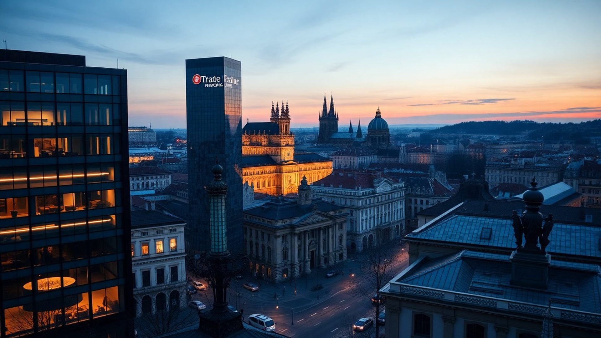 Panorama Prahy v podvečer s indigo-modrými tóny